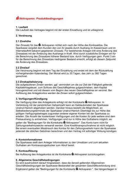 Aktivsparen Produktbedingungen Sparkasse Unstrut Hainich