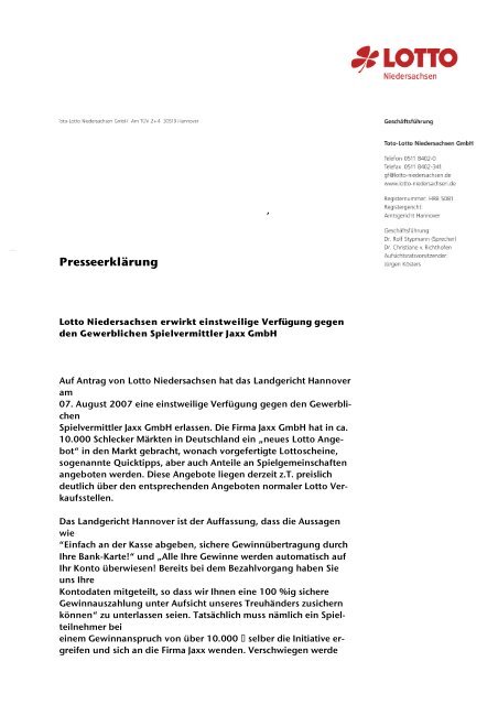 Presseerklärung - Toto-Lotto Niedersachsen GmbH