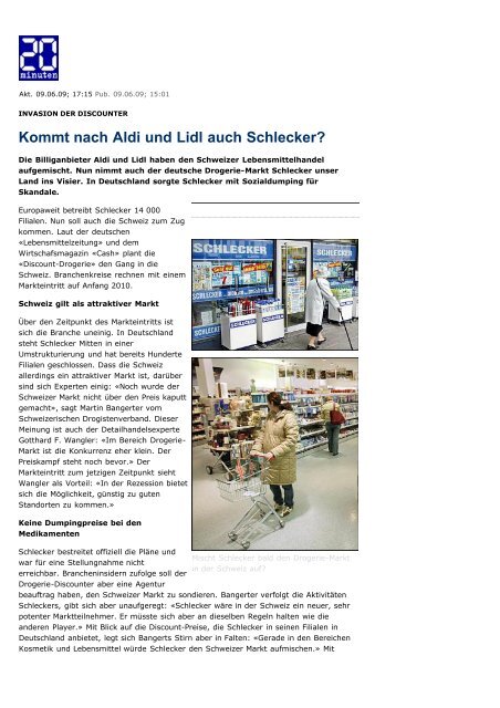 20 Minuten Online - Kommt nach Aldi und Lidl auch Schlecker ...