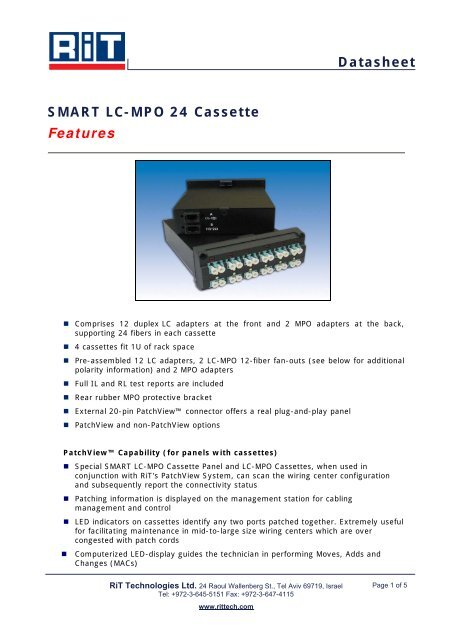 SMART LC-MPO 24 Cassette Features - RiT Technologies Ltd.