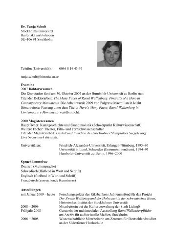 Dr. Tanja Schult Stockholms universitet Historiska institutionen SE ...