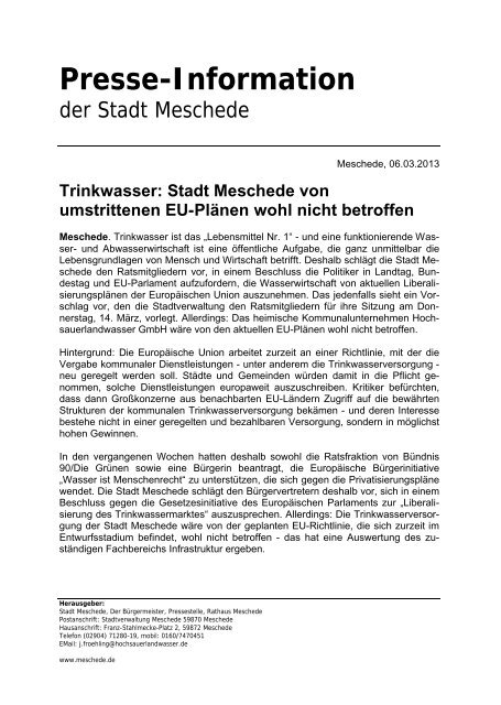 Trinkwasserversorgung im Blick - Meschede