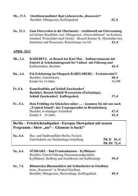 Tagesfahrten 2013 - Sachsentourist Wittig