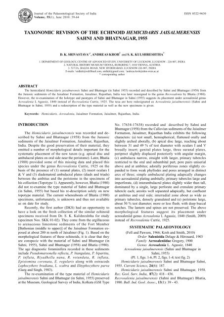 taxonomic revision of the echinoid hemicidaris jaisalmerensis sahni ...