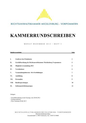 Heft 3/Dezember 2012 - Rechtsanwaltskammer Mecklenburg ...