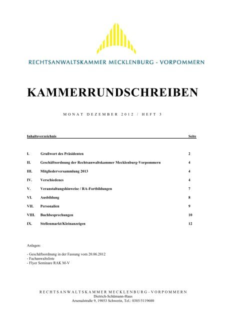 Heft 3/Dezember 2012 - Rechtsanwaltskammer Mecklenburg ...