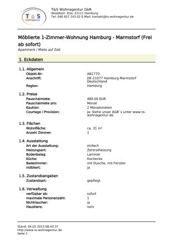 Möblierte 1-Zimmer-Wohnung Hamburg - Marmstorf (Frei ab 01.02 ...