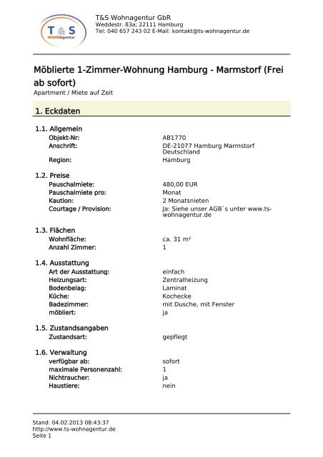 Möblierte 1-Zimmer-Wohnung Hamburg - Marmstorf (Frei ab 01.02 ...