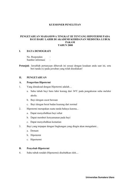 Kuesioner Penelitian Pengetahuan Mahasiswa Tingkat Iii Usu
