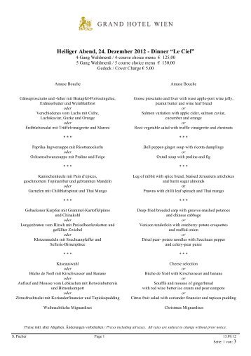 Le Ciel Christmas menu 2012 - Grand Hotel Wien