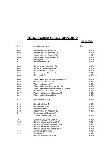 Wildpreisliste - Fleischmarkt Schütz in Flörsheim-Wicker