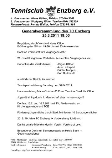 Generalversammlung des TC Enzberg 25.3.2011 19:00 - Tennisclub ...