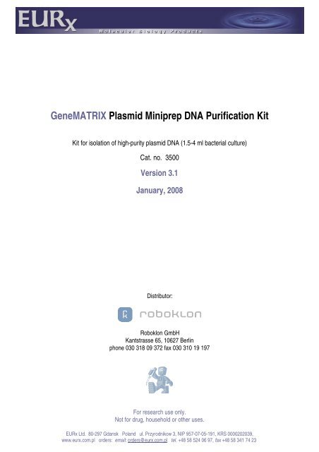 GeneMATRIX Plasmid Miniprep DNA Purification Kit - roboklon.de