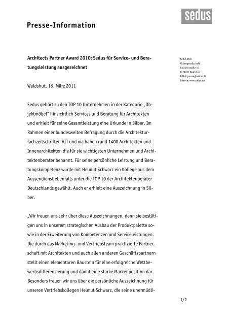 Pressemitteilung Architects Award pdf, 35 KB - Sedus