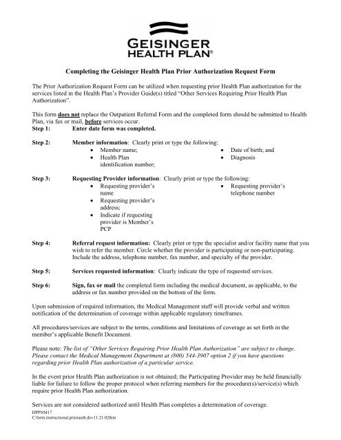 Geisinger Precertification Form.pdf Completing the GHP Prior Authorization Request Form - Geisinger ...