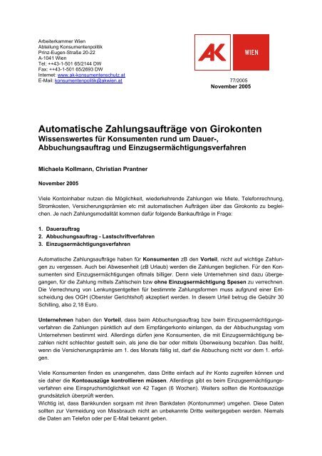 Automatische Zahlungsaufträge von Girokonten - Arbeiterkammer ...