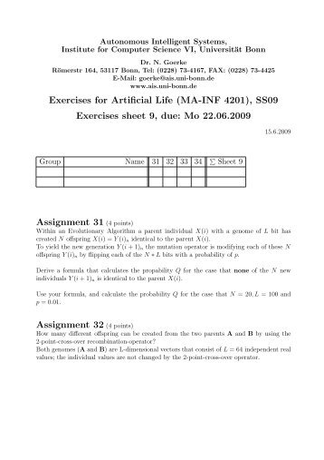 Exercises for Artificial Life (MA-INF 4201), SS09 Exercises sheet 9 ...