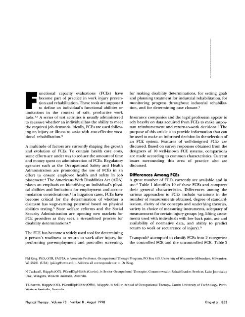 A Critical Review of Functional Capacity ... - Physical Therapy