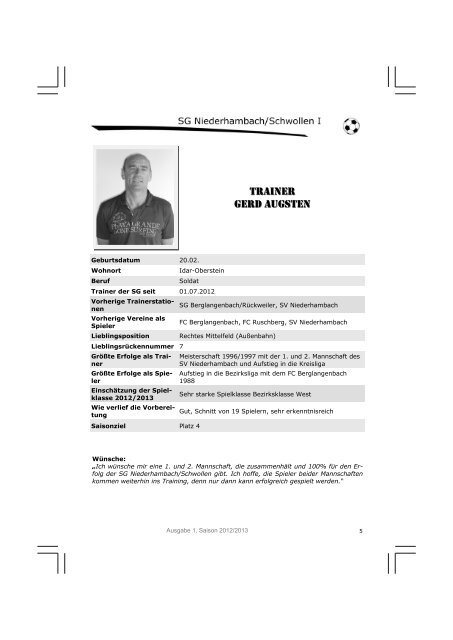 Ausgabe 1, Saison 2012/2013 SG Niederhambach/Schwollen I 5 SV ...