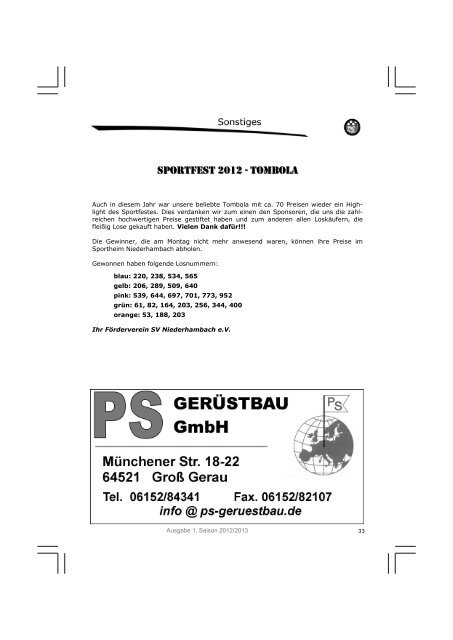 Ausgabe 1, Saison 2012/2013 SG Niederhambach/Schwollen I 5 SV ...