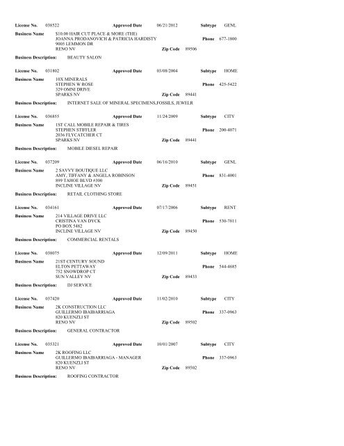 Business License List - Washoe County, Nevada