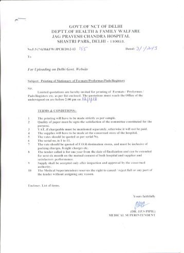 Limited Tender Enquiry for Printing of Stationery Items - Delhi