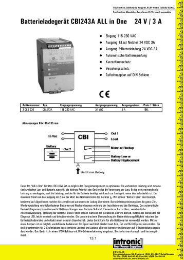 Batterieladegerät CBI243A ALL in One 24 V / 3 A - Intronic AG