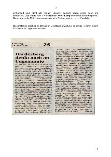 Chronik SV Harderberg der Zeitraum ab Ende September 2000 bis ...