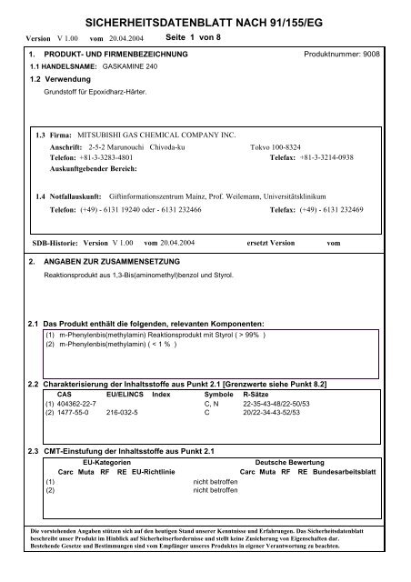 Sicherheitsdatenblatt Nach 91 155 Eg Mitsubishi Gas Chemical
