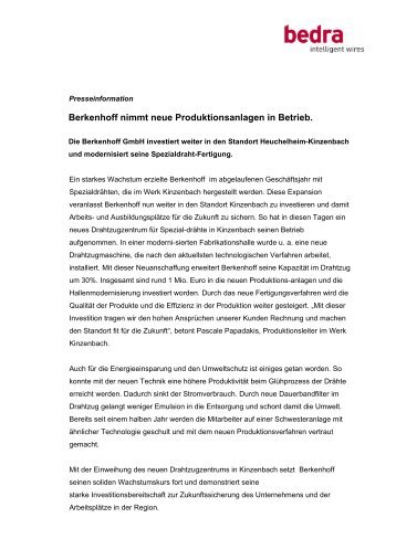 Pressemeldung neue Produktionsanlagen - Bedra.com