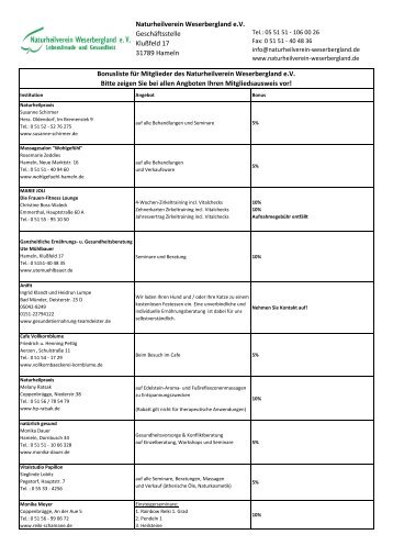 Bonusliste für Mitglieder 01.08.2011 - Naturheilverein Weserbergland