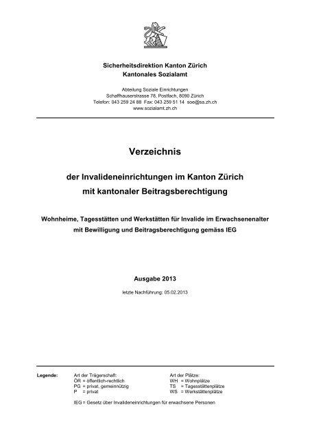 Verzeichnis der Invalideneinrichtungen im Kanton Zürich mit ...