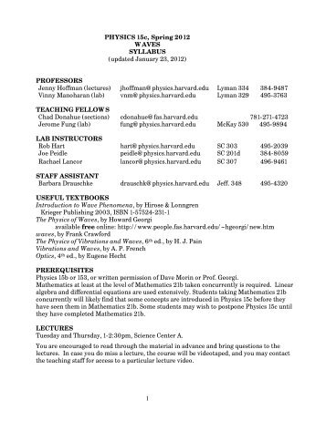 1 PHYSICS 15c, Spring 2012 WAVES SYLLABUS - Jenny Hoffman ...