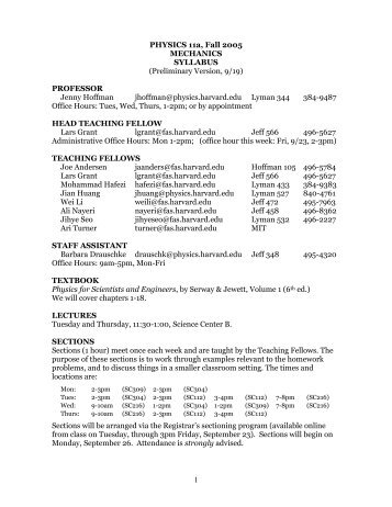 1 PHYSICS 11a, Fall 2005 MECHANICS SYLLABUS (Preliminary ...