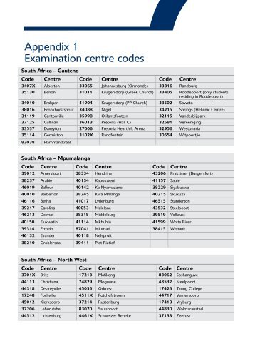 Appendix 1 - Examination centre codes - Unisa