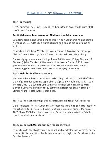 Protokoll der 1. SV-Sitzung am 12.09.2008 - Gymnasium Damme