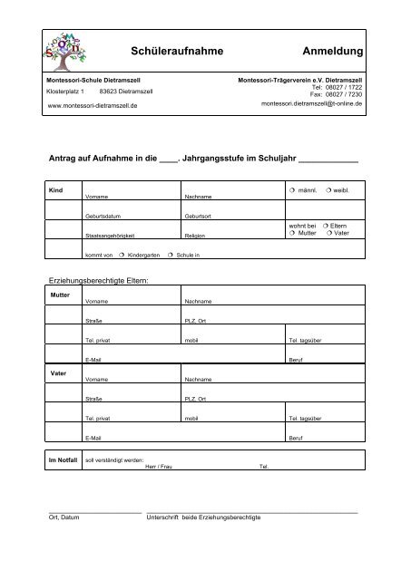 Schüleraufnahme Anmeldung - Montessori-Schule Dietramszell