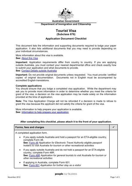 Tourist Visa (Subclass 676) Application Checklist