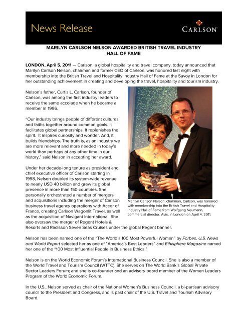 marilyn carlson nelson awarded british travel industry hall of fame