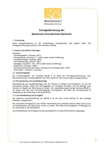 Schulgeldordnung der Montessori-Grundschule Hannover