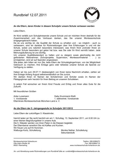 Rundbrief 12.07.2011 - Montessorischule Hohenbrunn