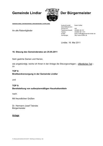 2011.05.25 16. Sitzung Gemeinderat - Nachtrag ... - Gemeinde Lindlar