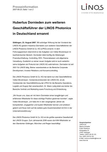 Hubertus Dornieden zum weiteren Geschäftsführer der LINOS ...