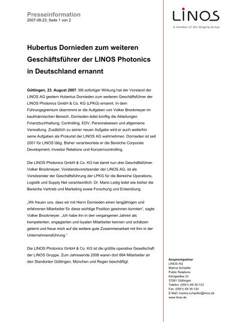 Hubertus Dornieden zum weiteren Geschäftsführer der LINOS ...
