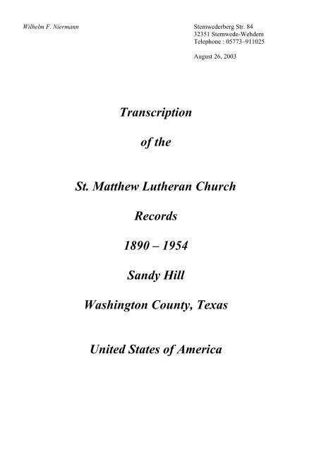 Kirchenbuch St. Matthew Sandy Hill, TX - Amerikanetz