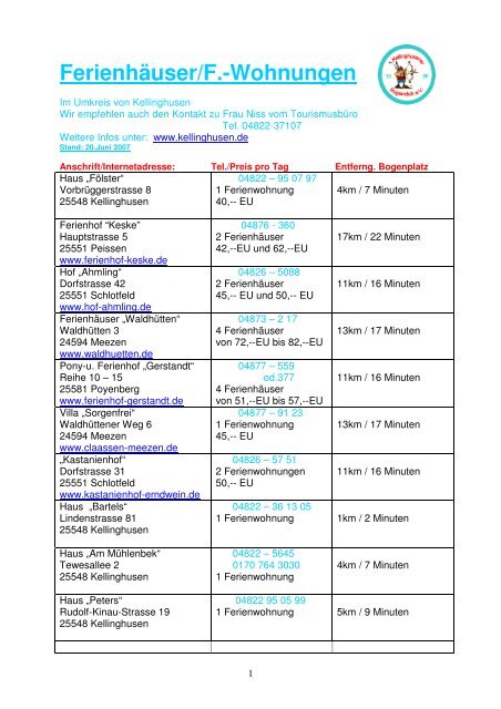 Ferienhäuser und Ferienwohnungen - 1. Kellinghusener Bogenclub ...