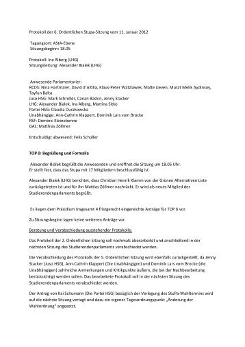 Protokoll der 6. ordentlichen Sitzung 11/12 - StuPa der BU Wuppertal