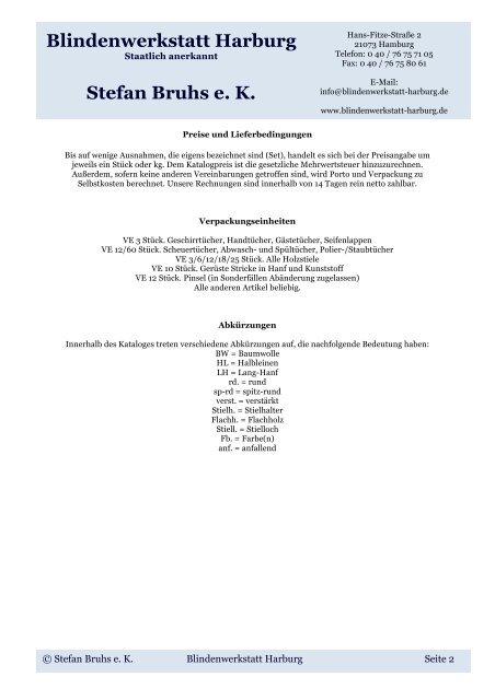 Produkt- / Preisliste 2012 / 2013 - Blindenwerkstatt Harburg