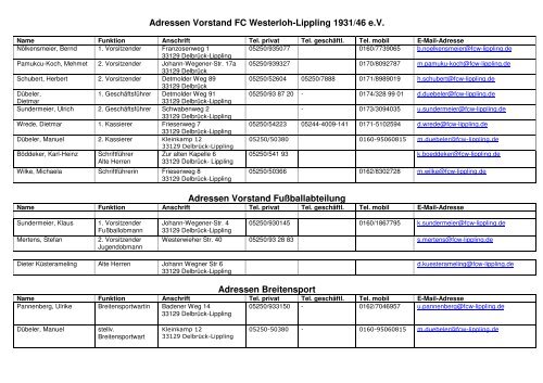 Adressliste Vorstand - FC Westerloh-Lippling