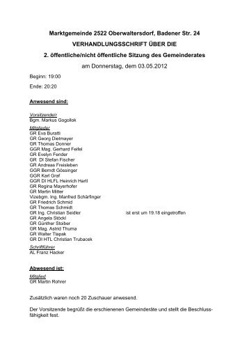 Protokoll der öffentlichen Gemeinderatssitzung vom 03.05.2012